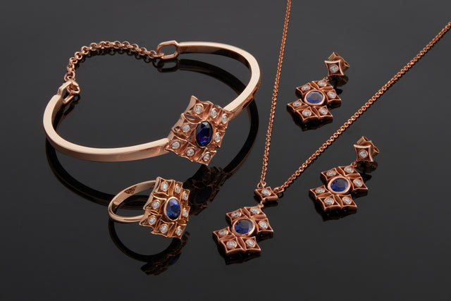 The rinascimento notta rosa set of rose gold, sapphire and diamond jewellery designed by Biagio Patalano