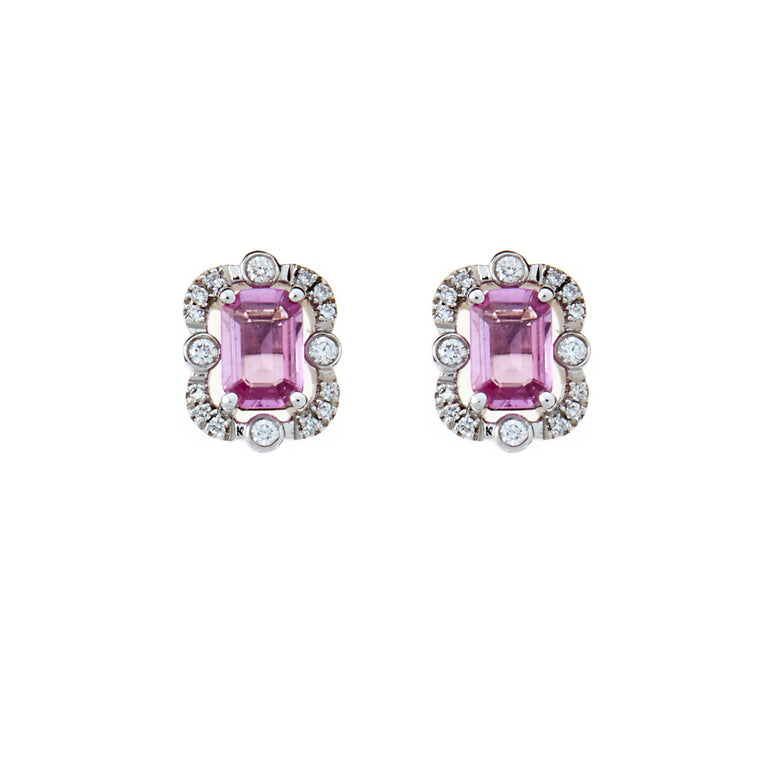 Emerald cut octagon pink sapphire studs surrounded by round cut brilliant diamonds. Part of the Ballerina collection. 