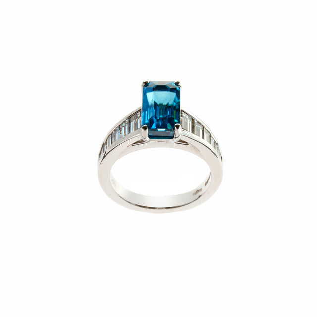 Emerald cut blue zircon and baguette diamonds ring set in white gold. Designed by Biagio Patalano for the Artistry Collection. 