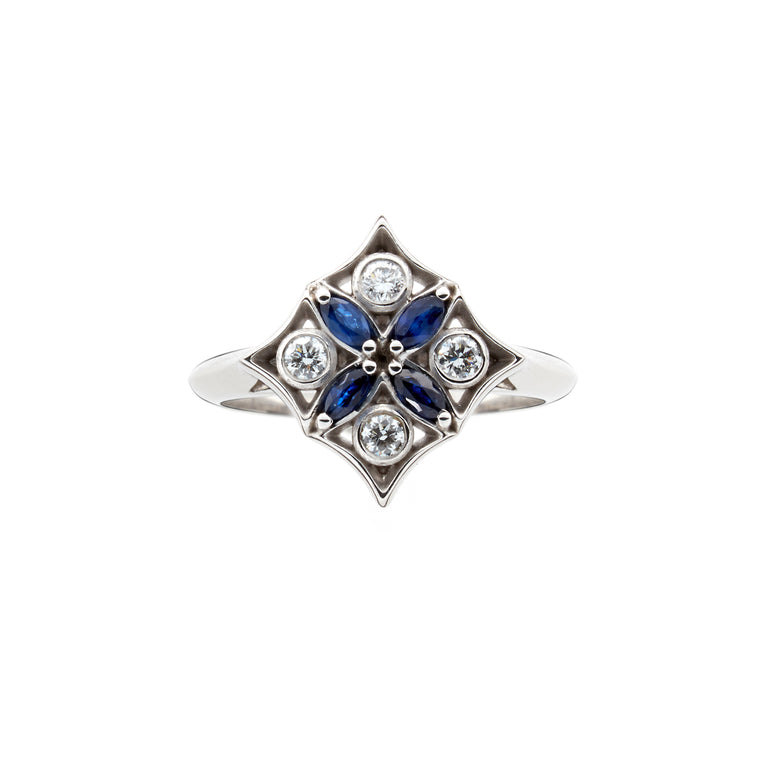 Marquise sapphire and round brilliant diamond ring. Designed by Biagio Patalano for the Artistry collection.