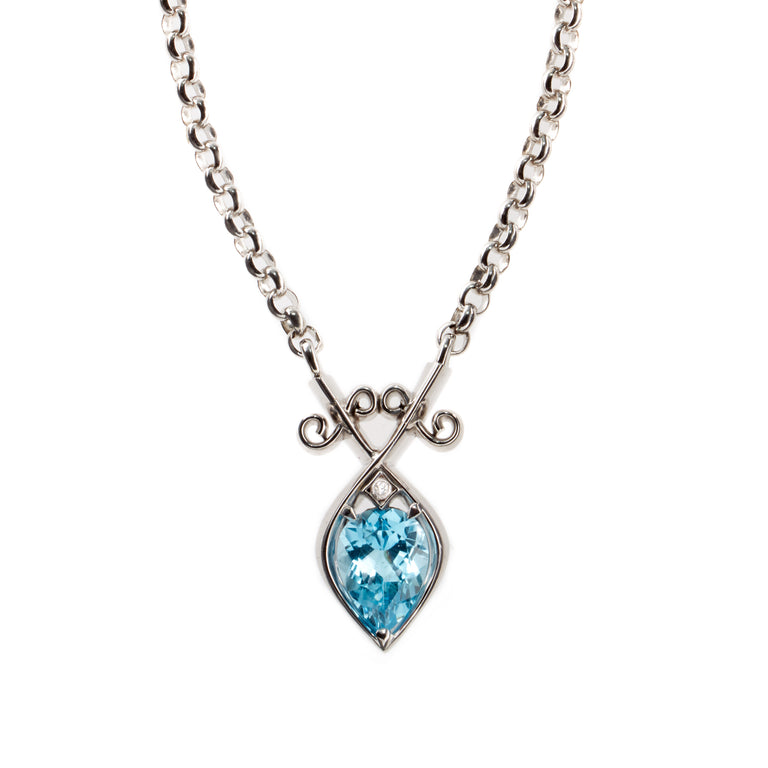 Pear cut blue topaz necklace with diamond. Designed by Biagio Patalano