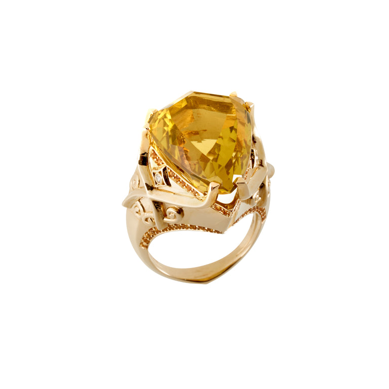 A kite mixed cut citrine ring with round golden citrine surround and round brilliant diamonds set in yellow gold.