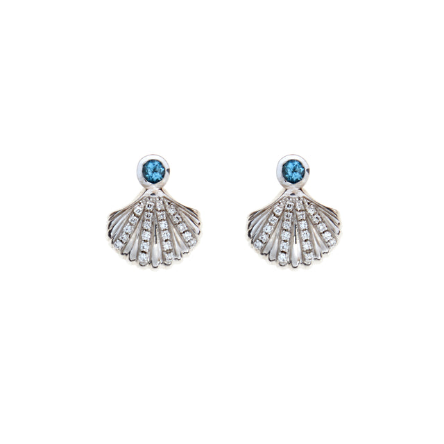 White gold shell with aqua and diamond stud earrings. Designed by Biagio Patalano for the Artistry Collection.