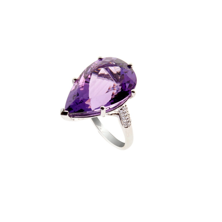 18ct white gold diamond and amethyst ring with 15.68ct pear shape amethyst and 0.16ct brilliant diamonds from the artistry collection by biagio patalano