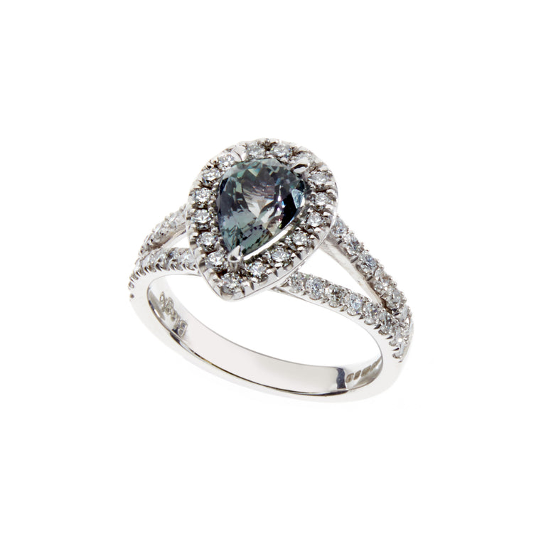 Pear zoisite and diamond ring set in white gold. Designed by Biagio Patalano. 