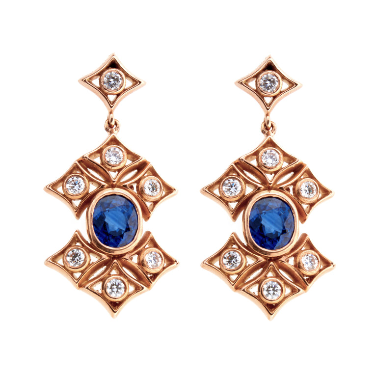 Oval sapphire and diamond 18ct rose gold earrings. Part of the Rinascimento Notta Rosa collection. 