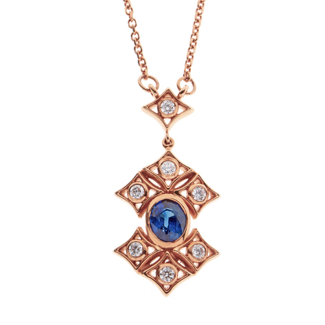 Oval sapphire and diamond 18ct rose gold necklace. Part of the Rinascimento Notta Rosa collection. 
