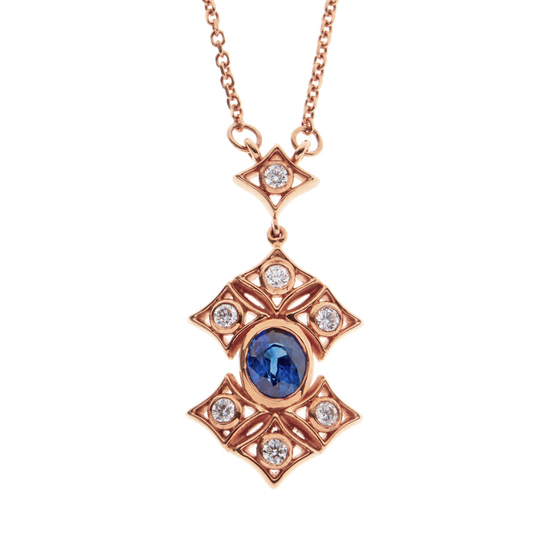 Oval sapphire and diamond 18ct rose gold necklace. Part of the Rinascimento Notta Rosa collection. 
